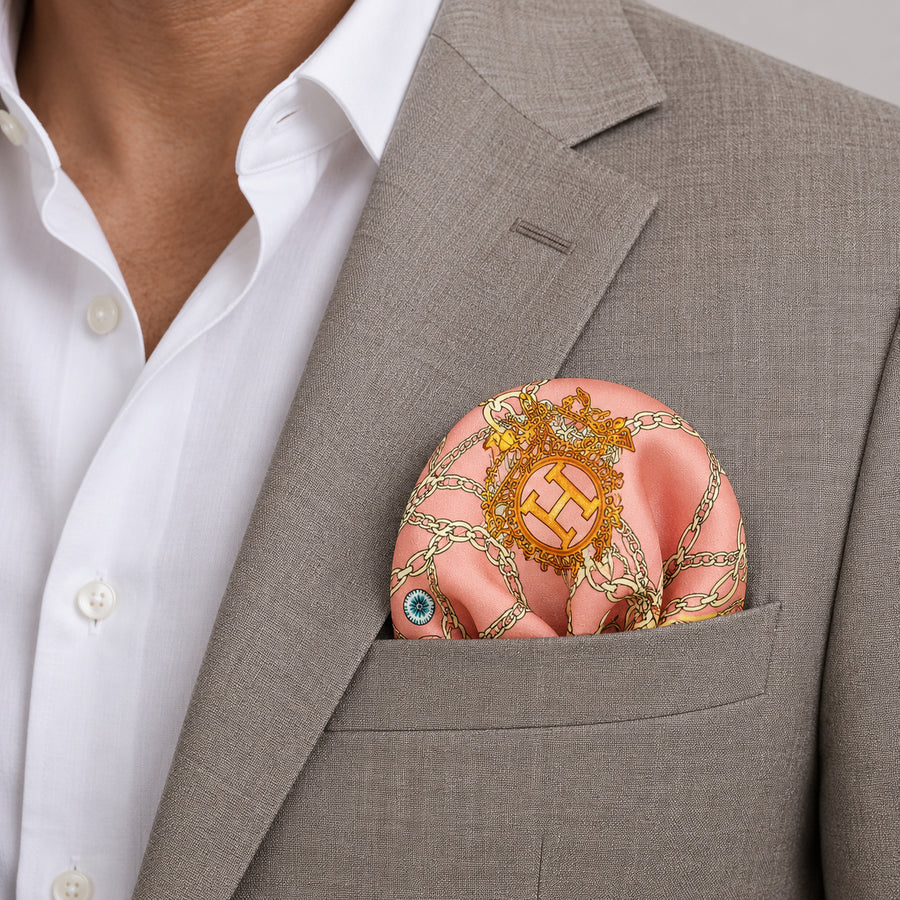 Chain Me Up pocket square — light jacket · wearing detail.