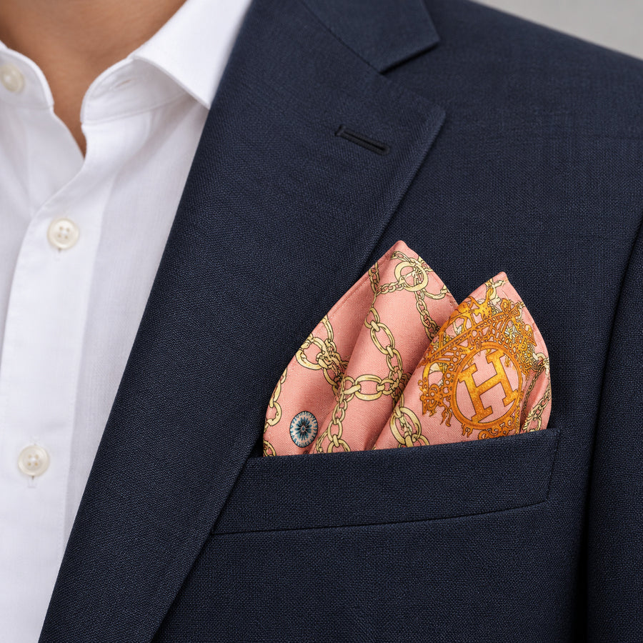 Chain Me Up pocket square — navy jacket · alternate fold.
