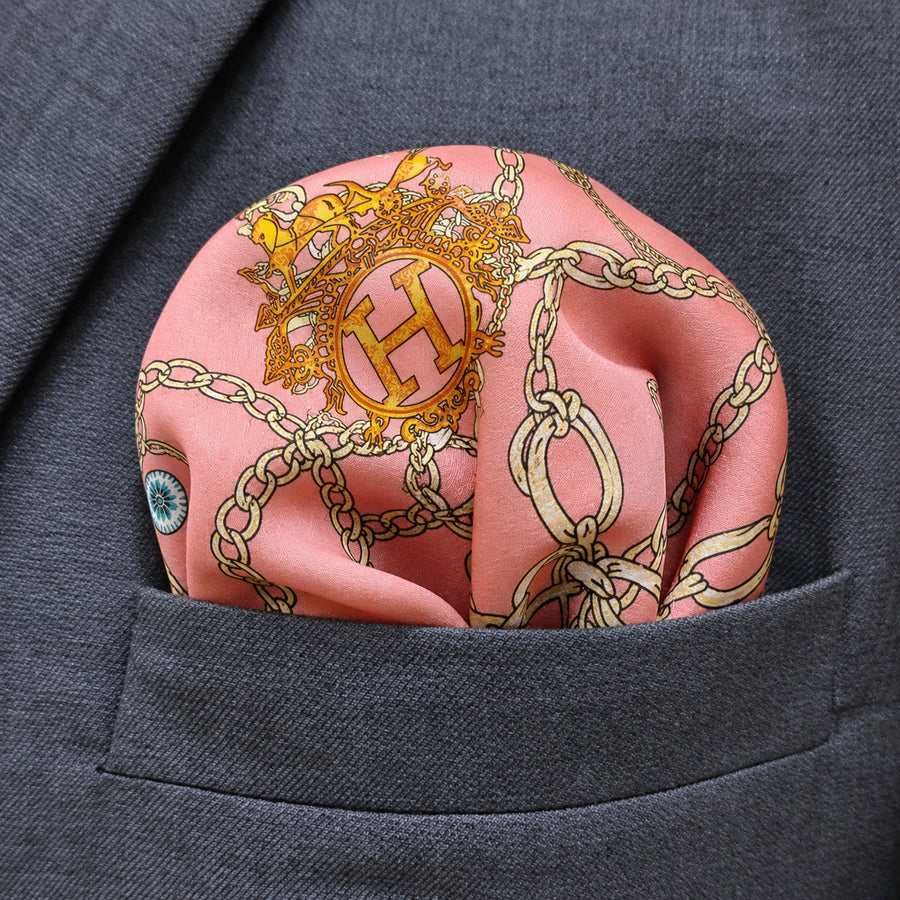 Chain Me Up pocket square — close-up wearing detail.