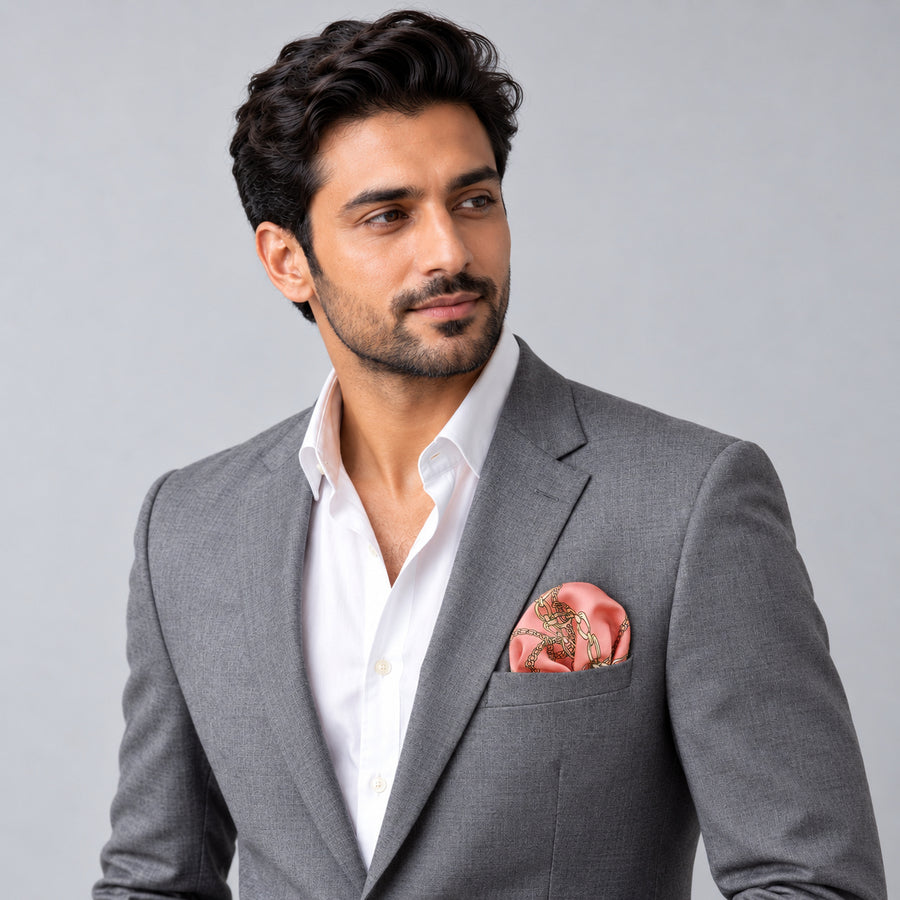 Chain Me Up pocket square — model · light grey and open collar.