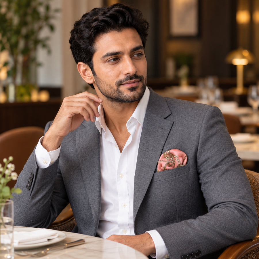 Chain Me Up pocket square — restaurant lifestyle.