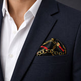 Chains and Straps (Black) pocket square — navy jacket · wearing detail.