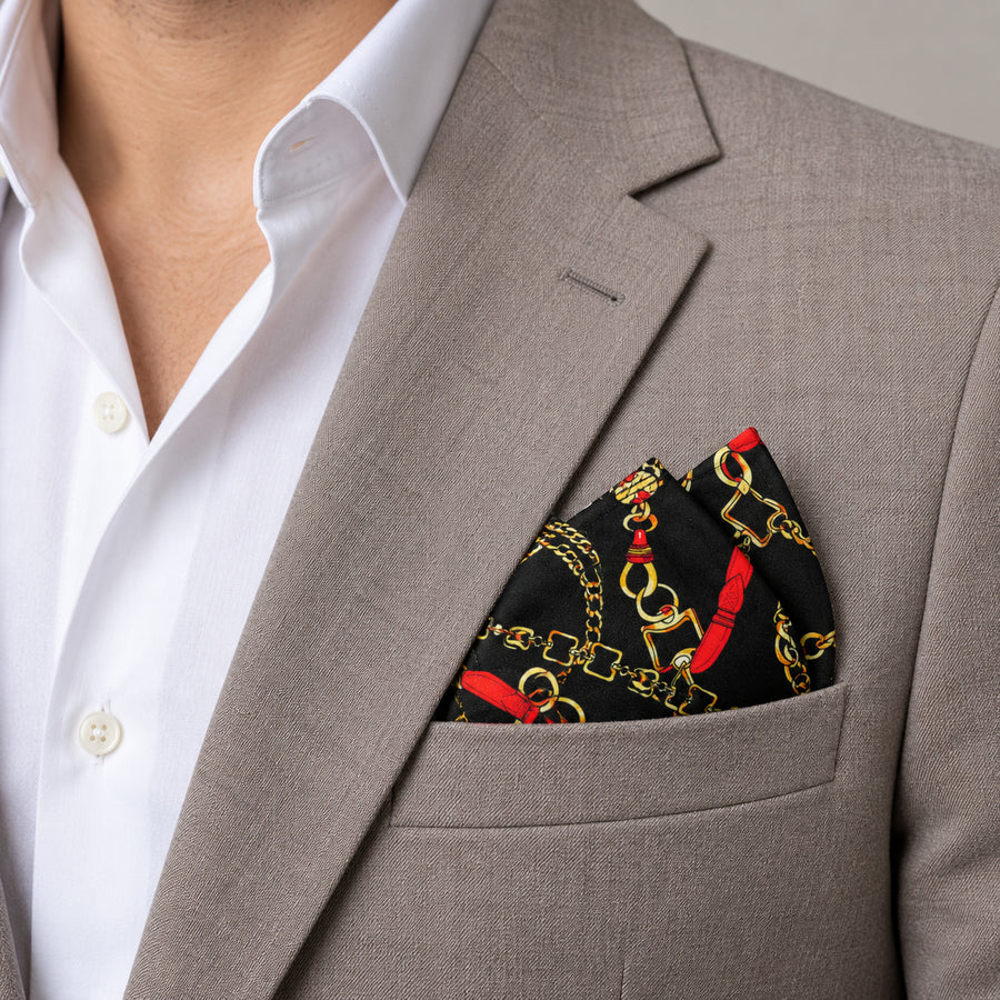 Chains and Straps (Black) pocket square — light jacket · wearing detail.