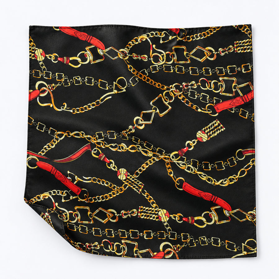 Chains and Straps (Black) pocket square — unfolded studio detail.