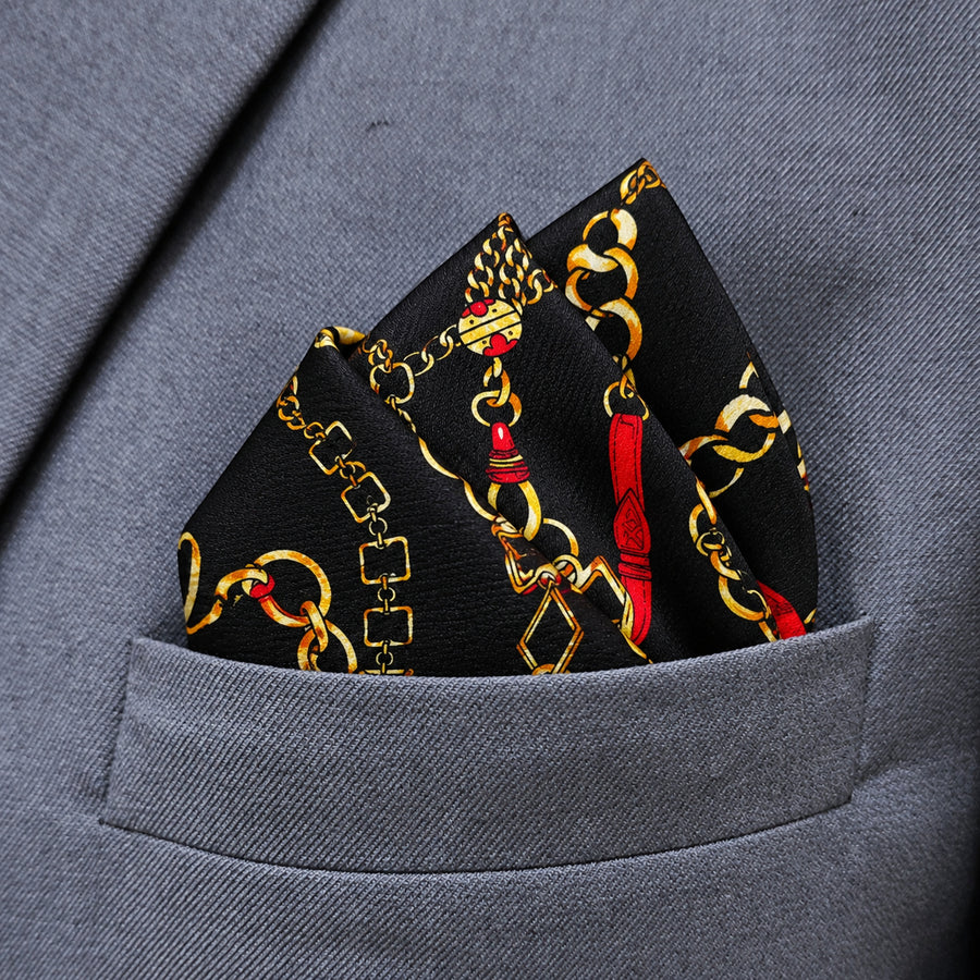 Chains and Straps (Black) pocket square — close-up wearing detail.