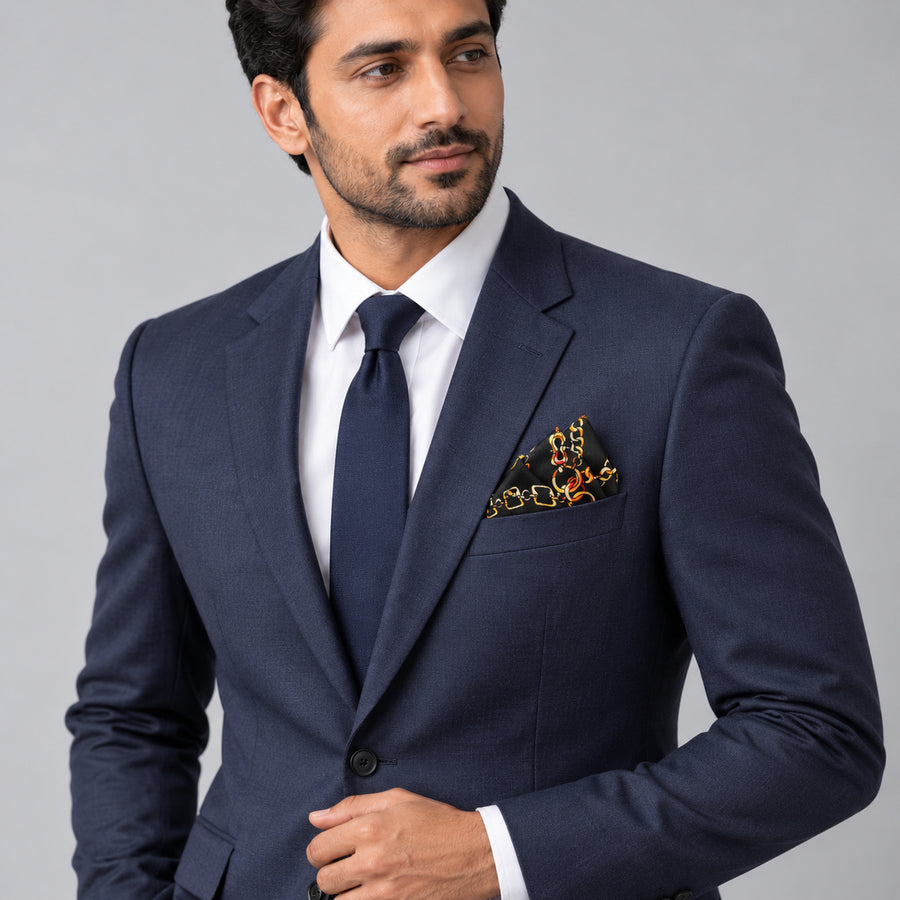 Chains and Straps (Black) pocket square — formal model · navy and tie.