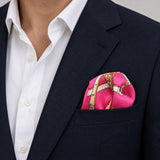 Chains and Straps (Pink) pocket square — navy jacket · wearing detail.