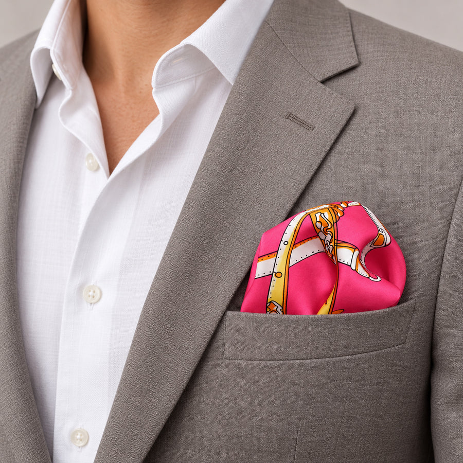 Chains and Straps (Pink) pocket square — light jacket · wearing detail.