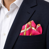 Chains and Straps (Pink) pocket square — navy jacket · alternate fold.