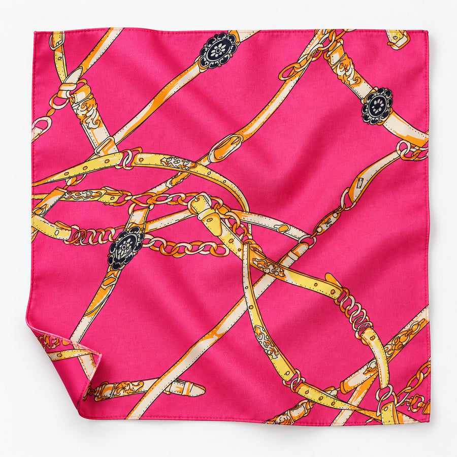 Chains and Straps (Pink) pocket square — unfolded studio detail.
