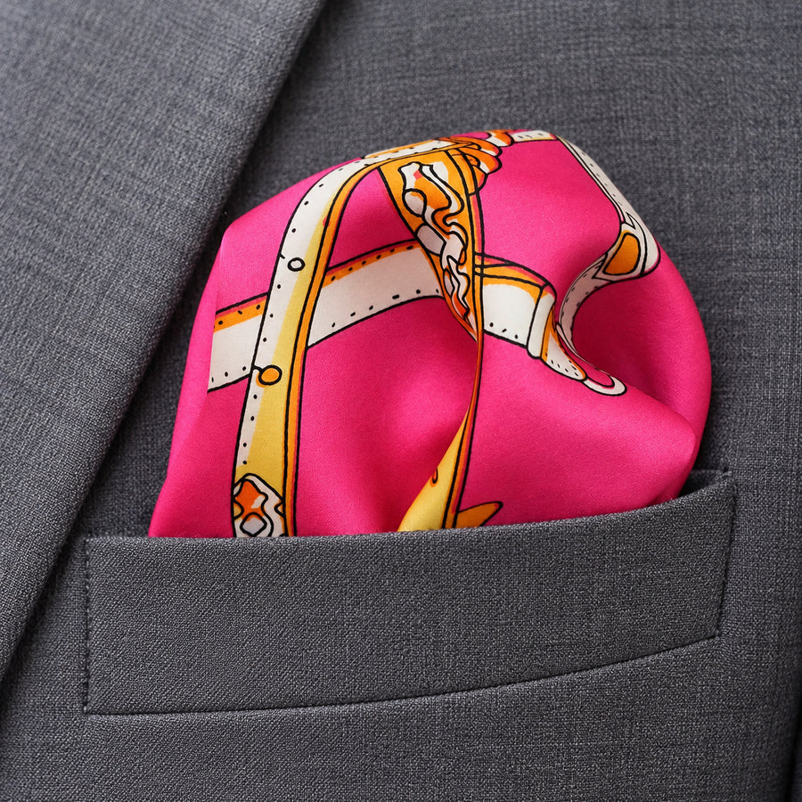 Chains and Straps (Pink) pocket square — close-up wearing detail.