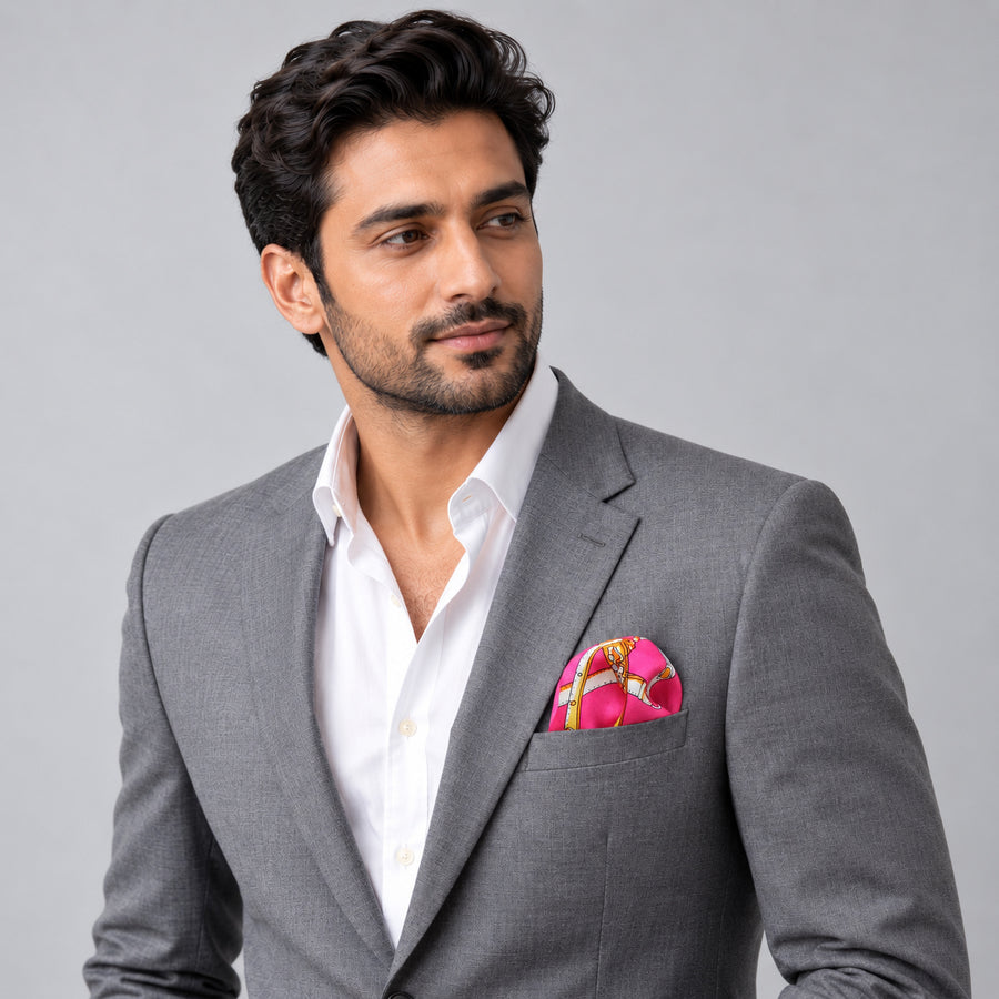 Chains and Straps (Pink) pocket square — model · light grey and open collar.
