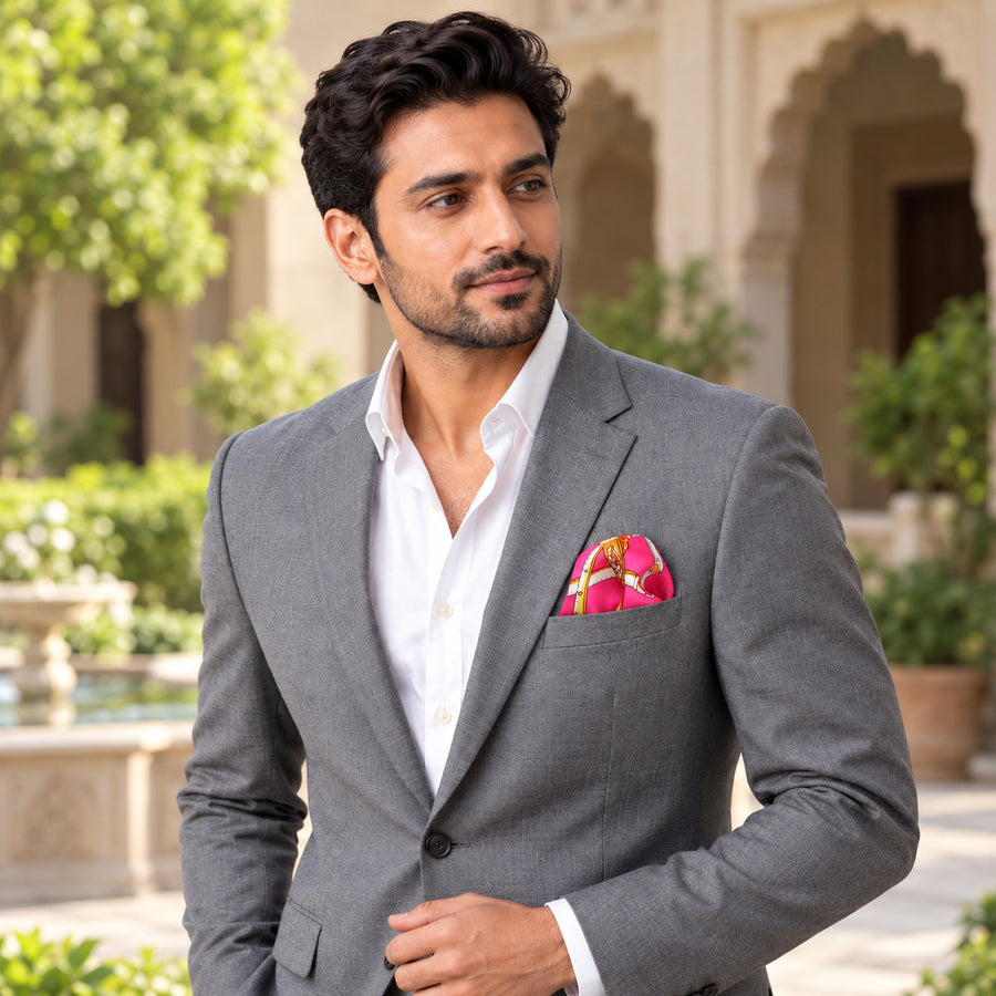 Chains and Straps (Pink) pocket square — outdoor lifestyle.