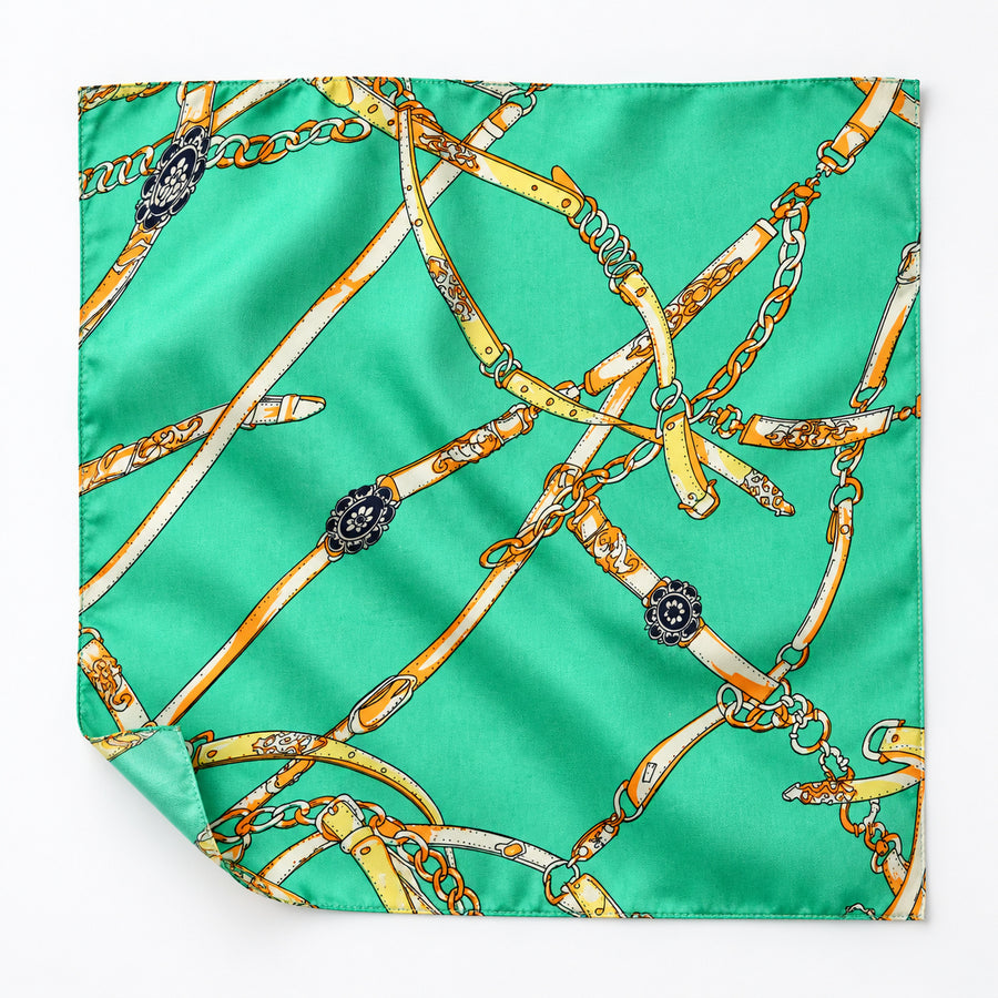 Chains and Straps (Sea Green) pocket square — unfolded studio detail.