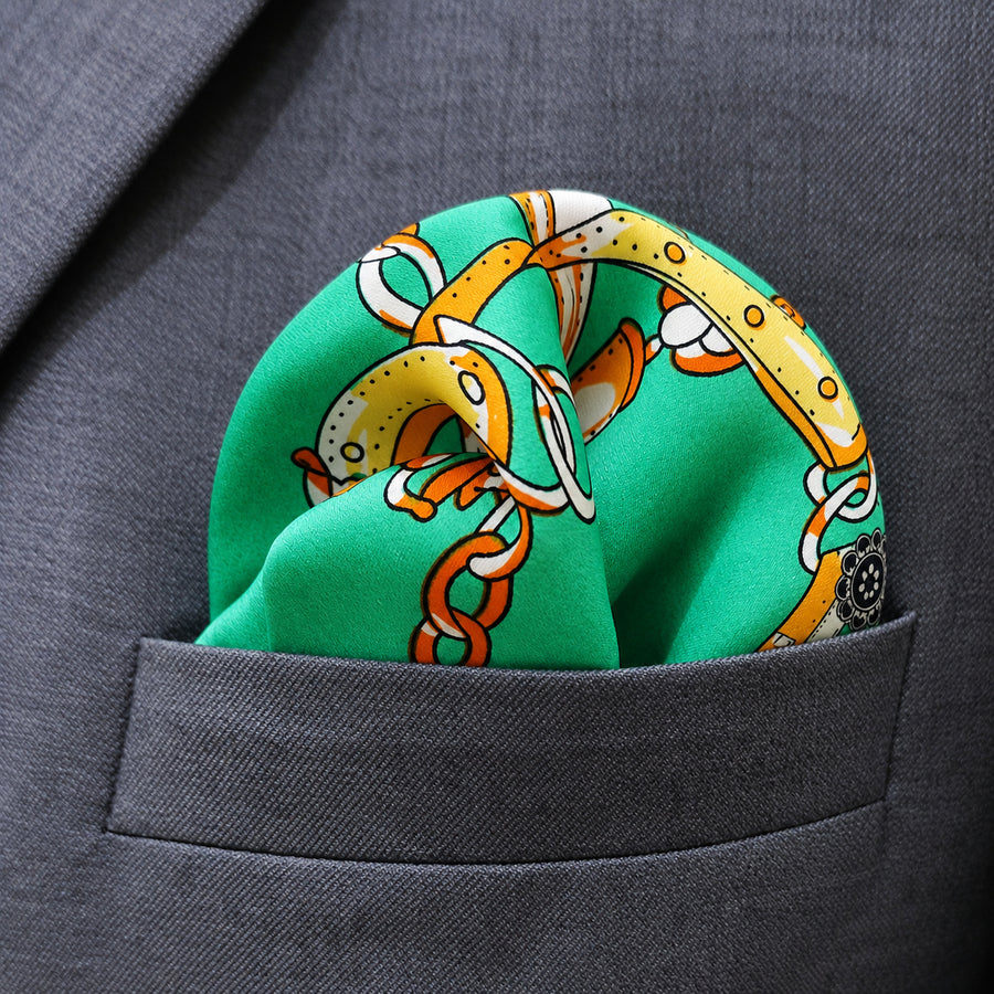 Chains and Straps (Sea Green) pocket square — close-up wearing detail.