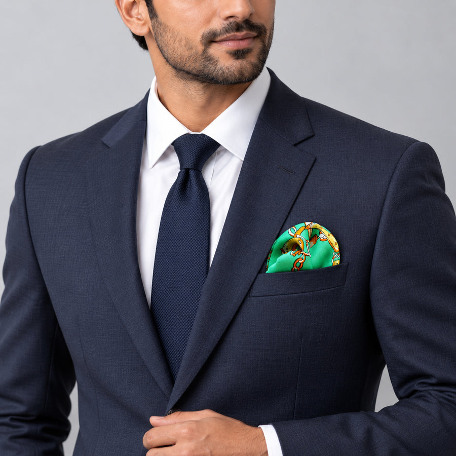 Chains and Straps (Sea Green) pocket square — formal model · navy and tie.