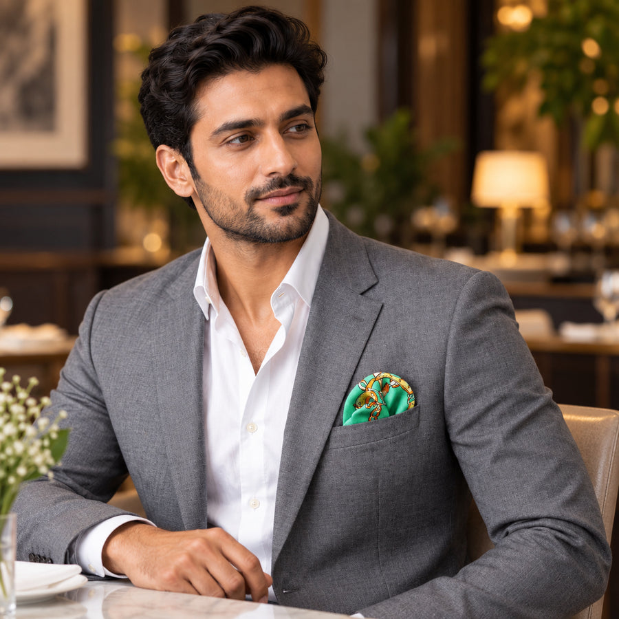 Chains and Straps (Sea Green) pocket square — restaurant lifestyle.