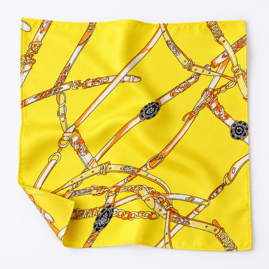 Chains and Straps (yellow) pocket square — unfolded studio detail.
