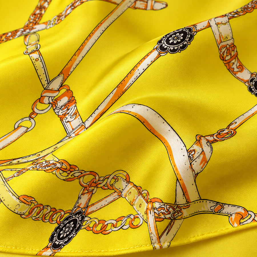 Chains and Straps (yellow) pocket square — fabric and design close-up.