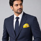 Chains and Straps (yellow) pocket square — formal model · navy and tie.
