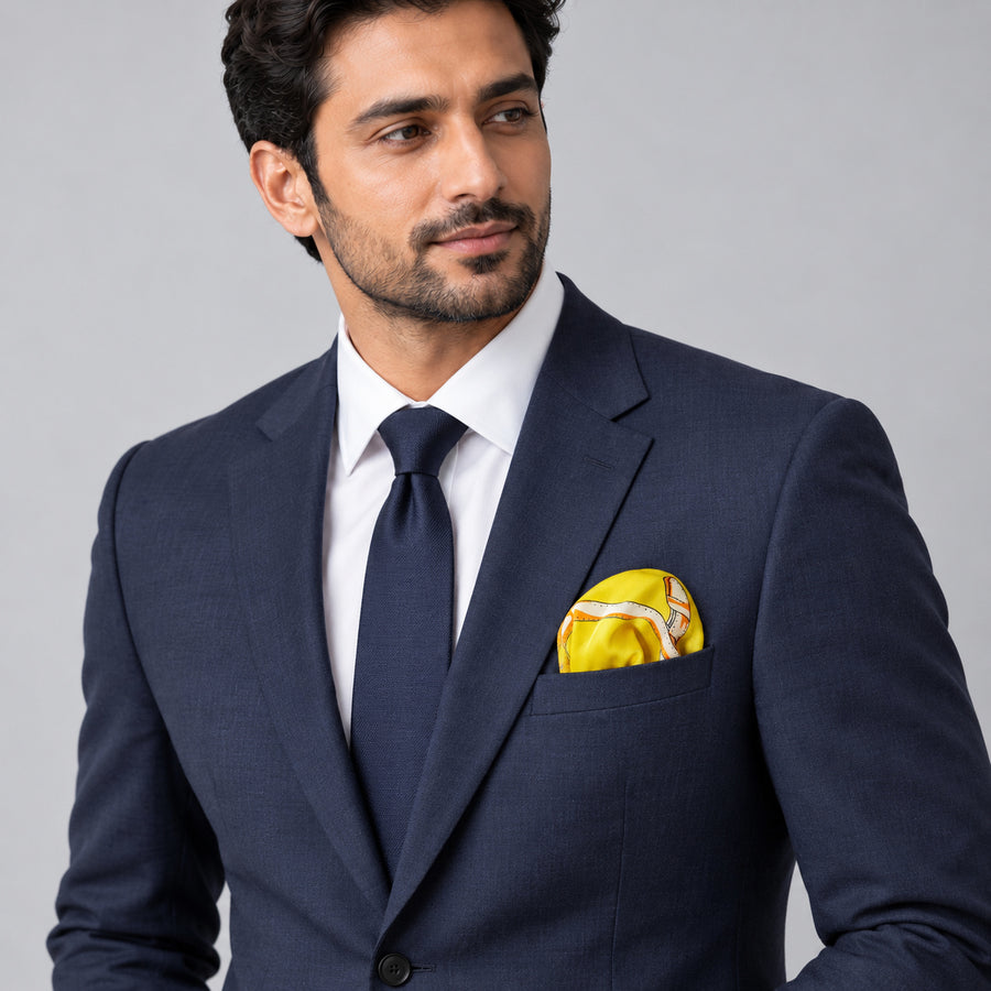 Chains and Straps (yellow) pocket square — formal model · navy and tie.