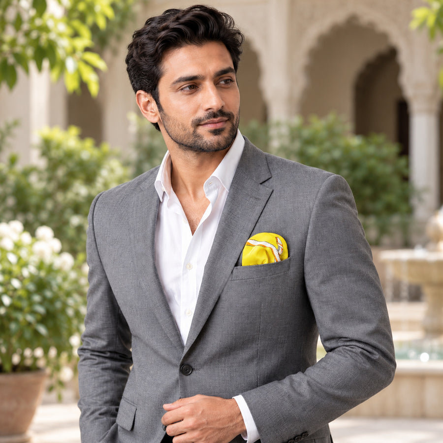 Chains and Straps (yellow) pocket square — outdoor lifestyle.