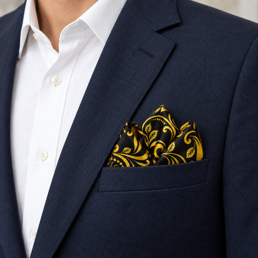 Chinese Floral Art pocket square — navy jacket · alternate fold.