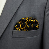 Chinese Floral Art pocket square — close-up wearing detail.