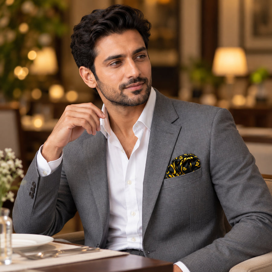 Chinese Floral Art pocket square — restaurant lifestyle.