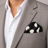 Black and White Jumbo Polka Dots pocket square — light jacket · wearing detail.