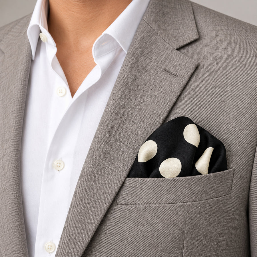 Black and White Jumbo Polka Dots pocket square — light jacket · wearing detail.