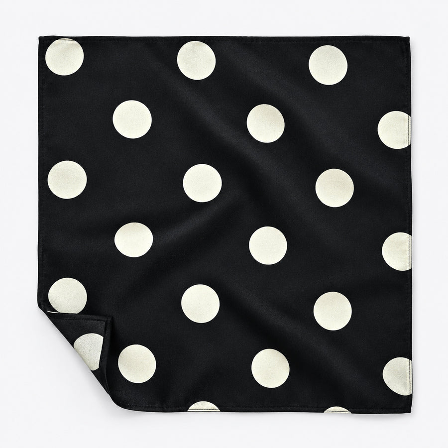 Black and White Jumbo Polka Dots pocket square — unfolded studio detail.