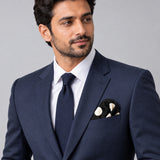 Black and White Jumbo Polka Dots pocket square — formal model · navy and tie.