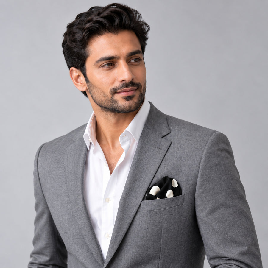Black and White Jumbo Polka Dots pocket square — model · light grey and open collar.