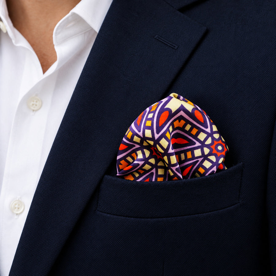 Colourful Abstract Art pocket square — navy jacket · wearing detail.