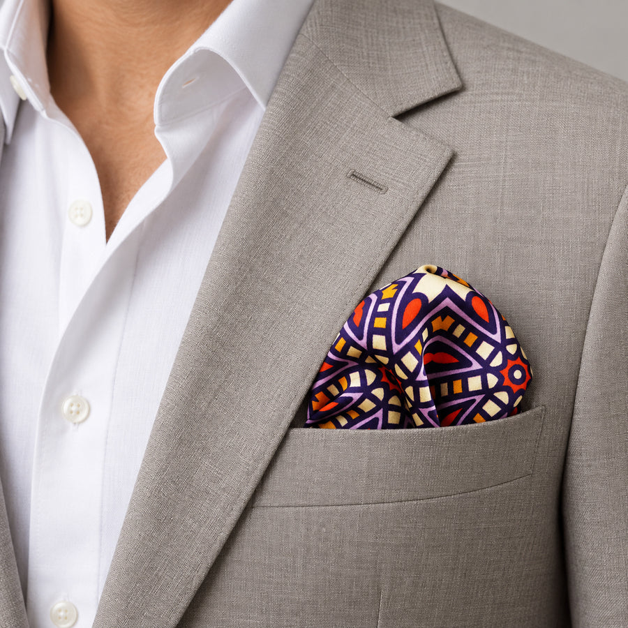 Colourful Abstract Art pocket square — light jacket · wearing detail.