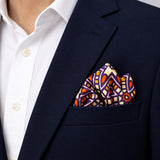 Colourful Abstract Art pocket square — navy jacket · alternate fold.