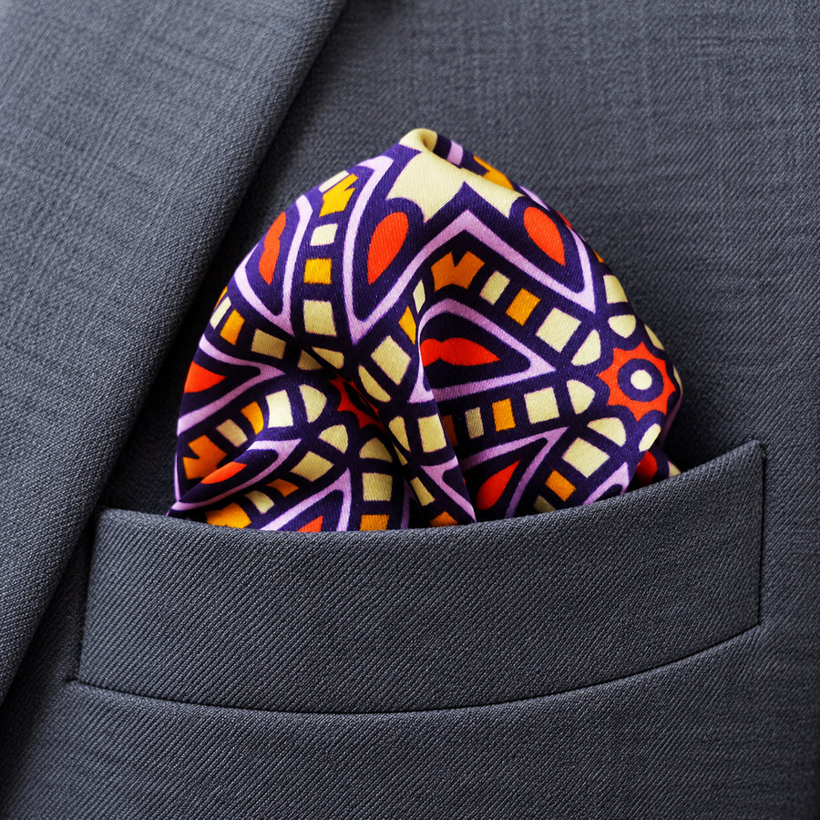 Colourful Abstract Art pocket square — close-up wearing detail.