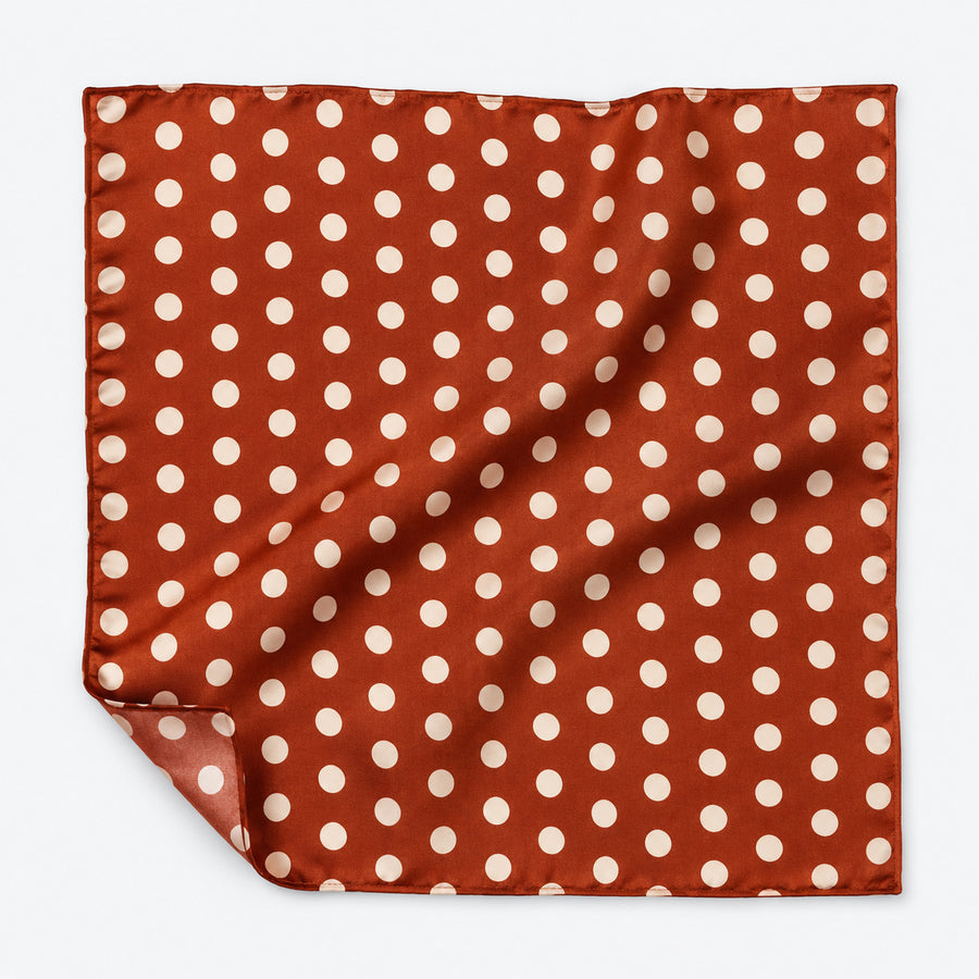 Copper Base Polka Dots pocket square — unfolded studio detail.