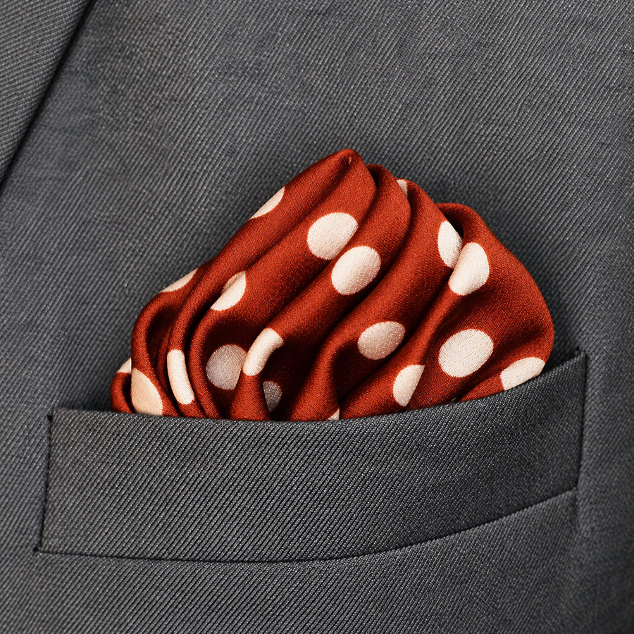 Copper Base Polka Dots pocket square — close-up wearing detail.