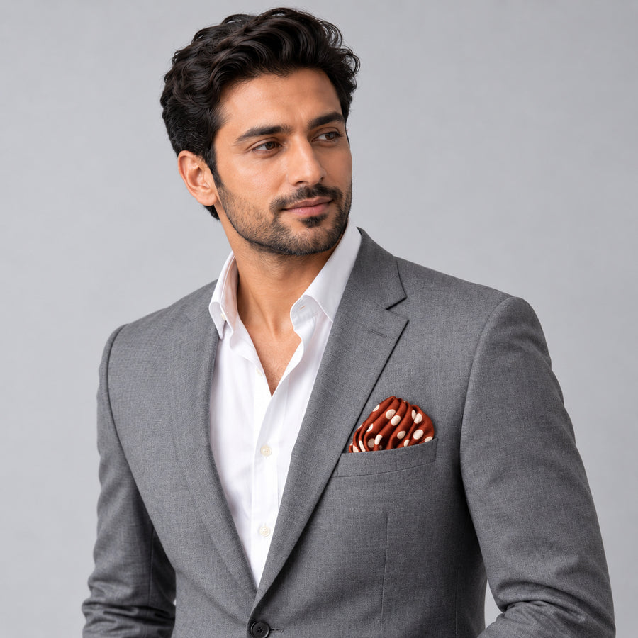 Copper Base Polka Dots pocket square — model · light grey and open collar.