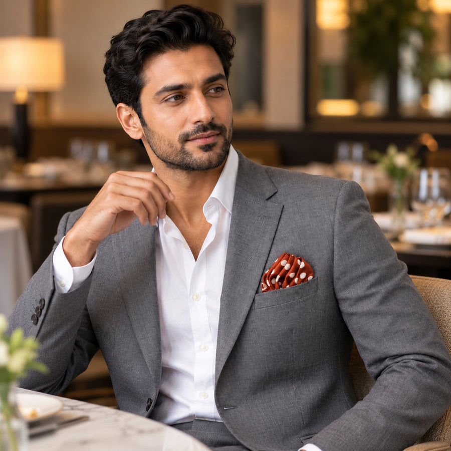 Copper Base Polka Dots pocket square — restaurant lifestyle.