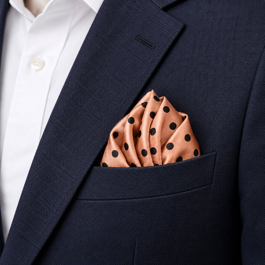 Coral Sands Polka Dot pocket square — navy jacket · alternate fold.