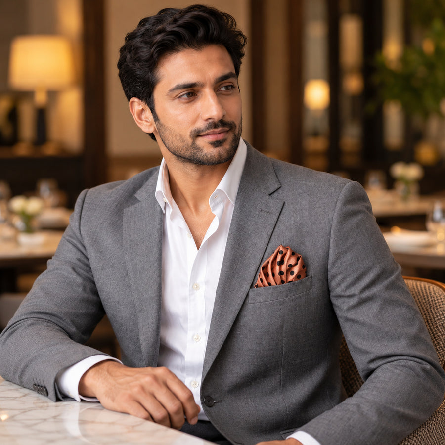 Coral Sands Polka Dot pocket square — restaurant lifestyle.
