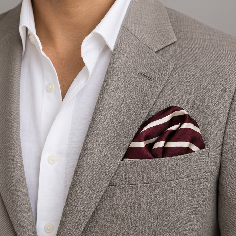 Creamy Rosewood Stripes pocket square — light jacket · wearing detail.
