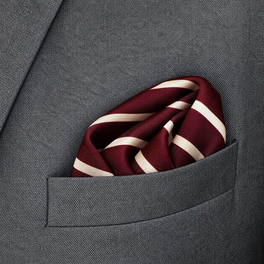 Creamy Rosewood Stripes pocket square — close-up wearing detail.