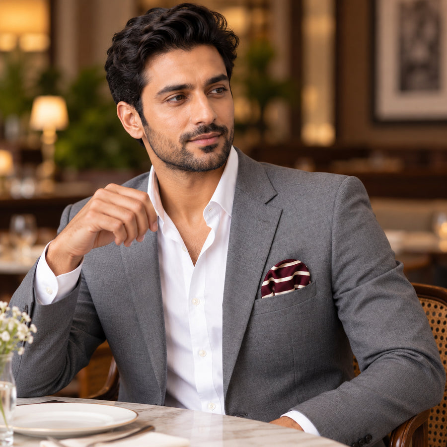 Creamy Rosewood Stripes pocket square — restaurant lifestyle.