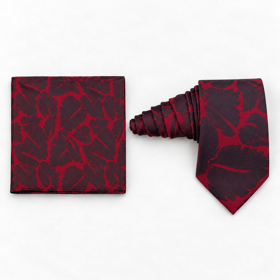 Crimson Leaf Silhouette silk tie and matching pocket square — Natural coiled pair