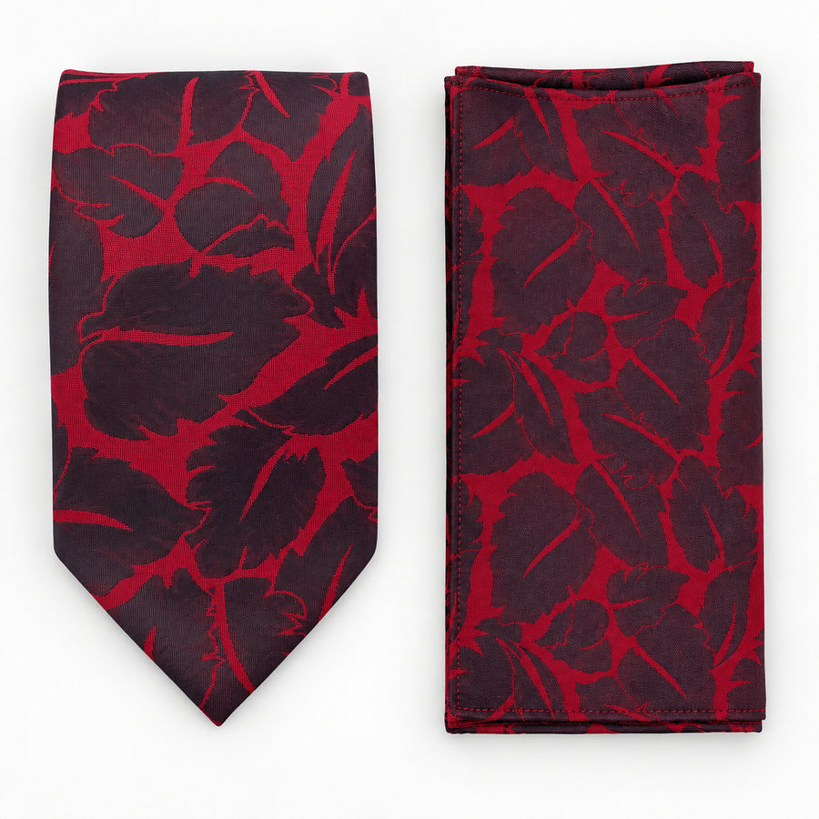 Crimson Leaf Silhouette silk tie and matching pocket square — Matching weave and hem