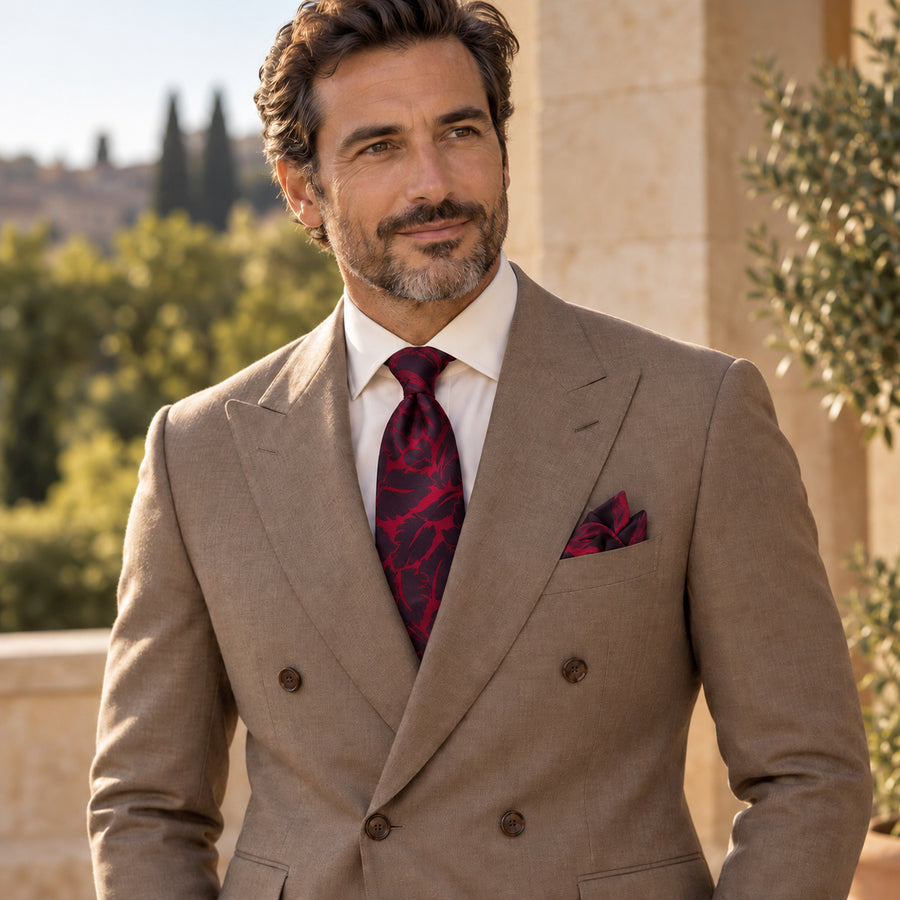 Crimson Leaf Silhouette silk tie and matching pocket square — Dark beige · terrace tailoring